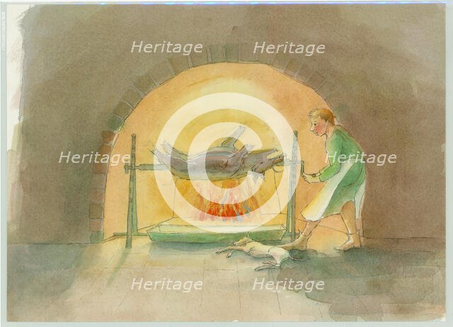 A medieval spit boy, who turns a spit in the kitchen, 2004. Creator: Judith Dobie.