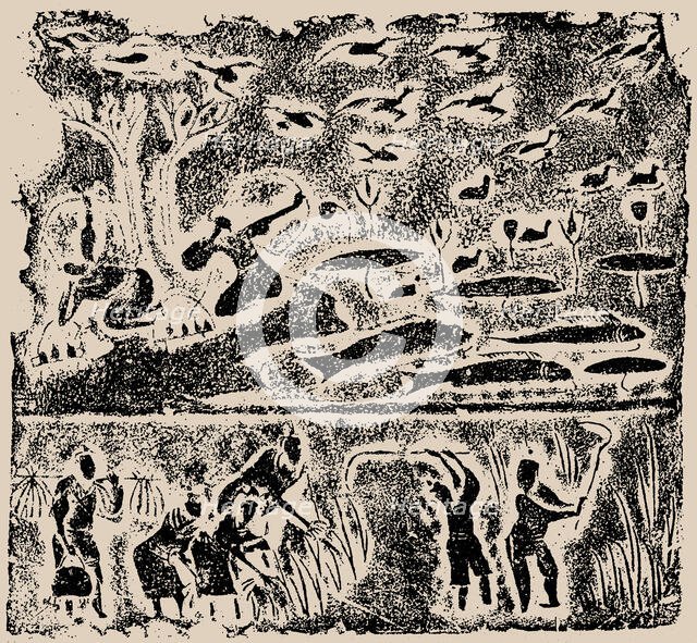 The rubbing from the Brick Relief with Harvesting, Fishing and Hunting Scene, 25-220. Creator: Central Asian Art.