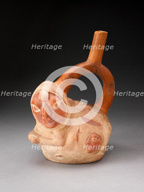 Handle Spout Vessel in the Form of a Crouching Figure with Human Heads Attached to..., 100 BC/AD500. Creator: Unknown.