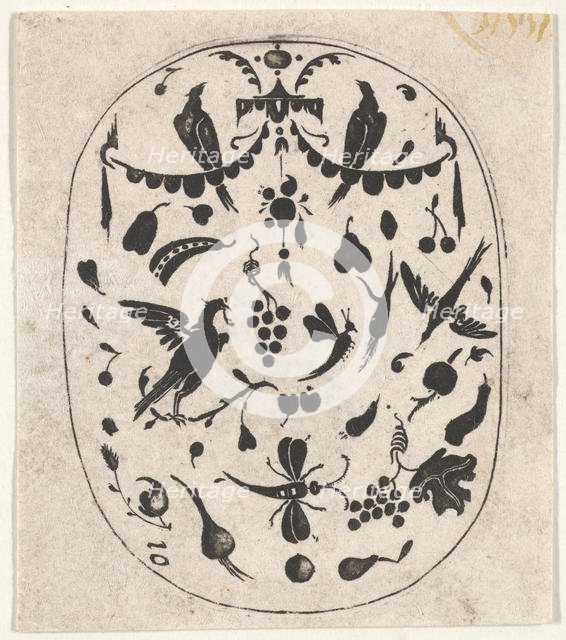 Oval Blackwork Print with Birds, Insects and Fruits, ca. 1620. Creator: Claes Jansz Visscher.