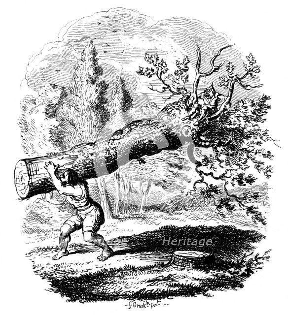 Man carrying a large tree trunk on his shoulder, 19th century.Artist: George Cruikshank