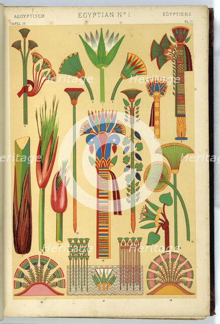 Egyptian Ornament (1). The Lotus and Papyrus. Plate 4 from the book: The grammar of ornament, 1868. Creator: Owen Jones.