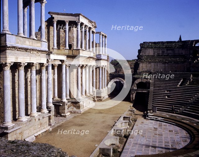 Roman Theatre of Merida, detail of the scene called 'Orchestra' which has two floors with columns…