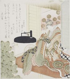 Courtesan sitting on a veranda next to a lantern, 1814. Creator: Totoya Hokkei.