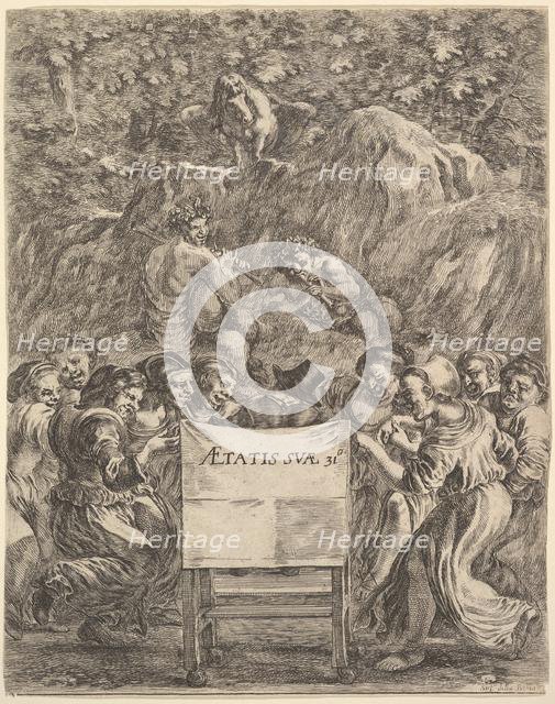 Frontispiece for 'The Works of Scarron' (Œuvres de Scarron); the poet sitting in a chair..., 1649. Creator: Stefano della Bella.