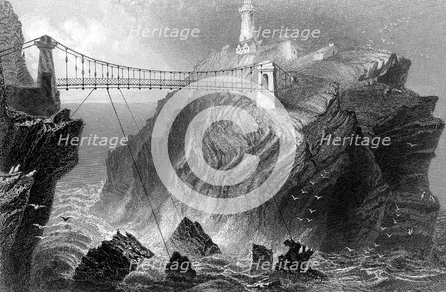 Suspension bridge to the South Stack lighthouse near Holyhead, Wales, c1860. Artist: Unknown