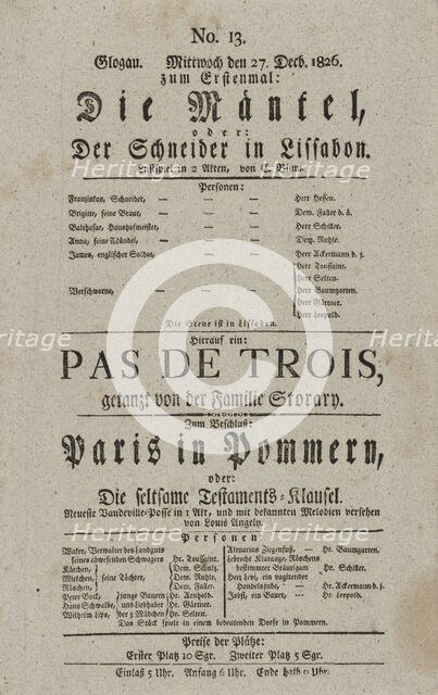 Theater playbill for "Die Mäntel, oder Der Schneider in Lissabon" and "Paris in Pommern..., c1826. Creators: Carl Blum, Eugène Scribe.