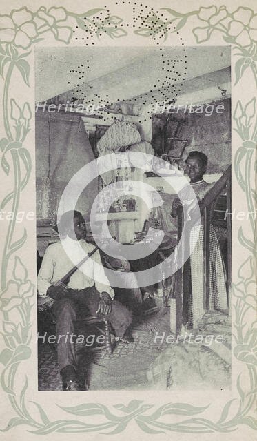 Man seated with banjo next to woman at stairs, 1903. Creator: Camera Club.