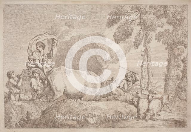 A Woman with Two Children on Horseback, 1758/1759. Creator: Gaetano Gherardo Zompini.