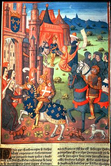 Charlemagne with paladins, knights of the king's entourage, Miniature in 'Chroniques de France', …