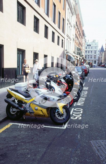 Motorcycle parking area, London 1999. Artist: Unknown.