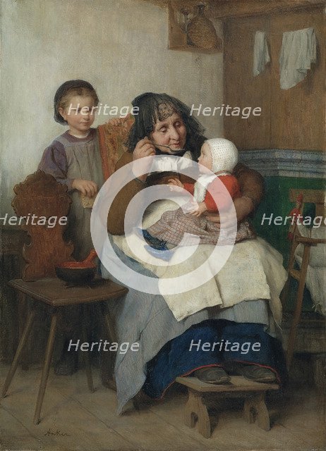 Grandmother spooning the soup to her grandchild, 1868.