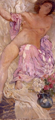 Nude with flowers, 1910. Creator: De Carolis, Adolfo (1874-1928).