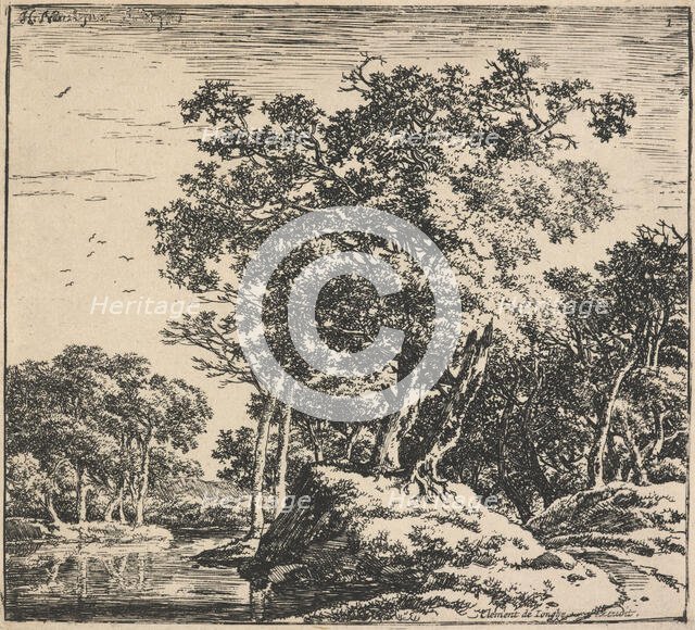 Eight landscapes. Plate 1: Two trees growing on a mound next to a pond, 1640-51. Creator: Herman Naiwincx.