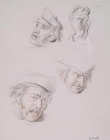 Studies of Three Male Heads and One Hand, 1825-1849. Creator: William Allan.