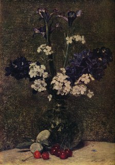 'Vase of flowers, with Cherries and Almonds on the table, Nature morte; Irises, Delphinium hybrids a Artist: Henri Fantin-Latour.