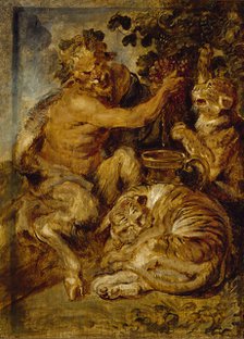 A Satyr pressing Grapes with a Tiger and Leopard, c1618.