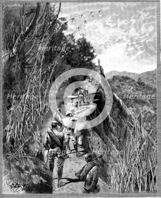 With the Lushai Expedition: coolies carrying bags of rice up a mountain path, 1890. Creator: R. Taylor.