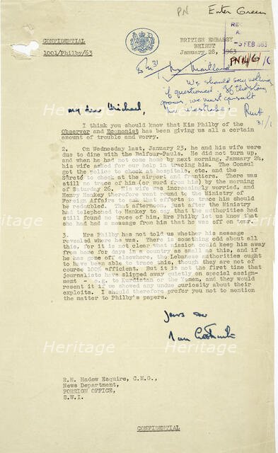 Letter on disappearance of MI6 agent Kim Philby on 23 January 1963. Creator: RM Hadow.