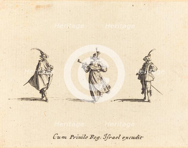 Lady with String Instrument, and Two Gentlemen, probably 1634. Creator: Jacques Callot.