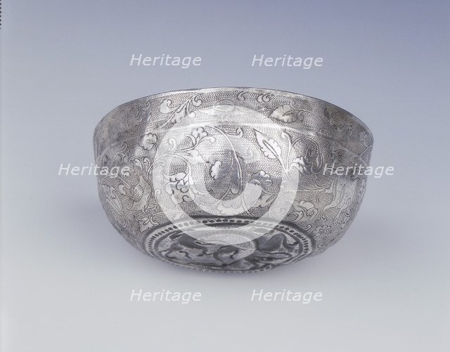 Silver bowl with animals, birds and dragon, High Tang period, China, 8th century. Artist: Unknown