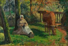 Peasant Woman and Cow, Montfoucault, 1875. Creator: Pissarro, Camille (1830-1903).