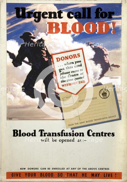 'Urgent call for blood', World War II poster, between 1939 and 1946. Creators: Central Office of Information, Unknown.