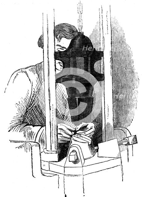 Die-stamping the channel and eye position on needle wires, Redditch, England, c1835. Artist: Unknown