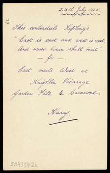 Harry Smallwood and another man stand in a field, one in drag and the other wearing..., 1925. Creator: Unknown.