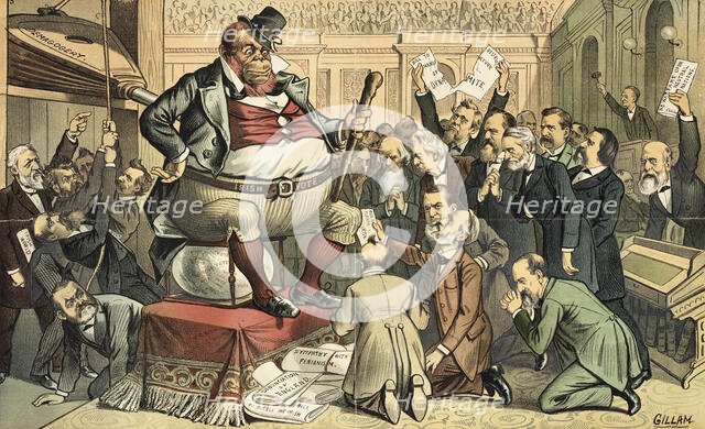 Der "Bugaboo" im Congress. Cartoon from Puck, 1885. Creator: Bernhard Gillam.