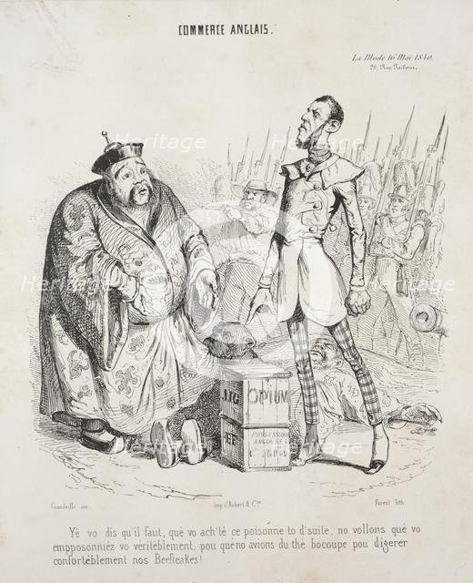Commerce anglais. Yé vo dis quil faut, que vo achte ce poisonne to d'suite..., 1840. Creator: Jean-Jacques Grandville (French, 1803-1847).