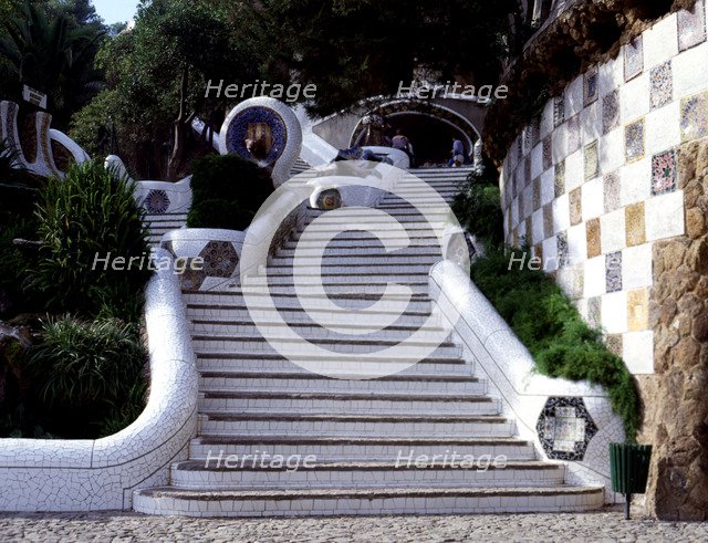 Detail of the staircase in the entrance to Park Guell, designed between 1900-1914 by the architec…