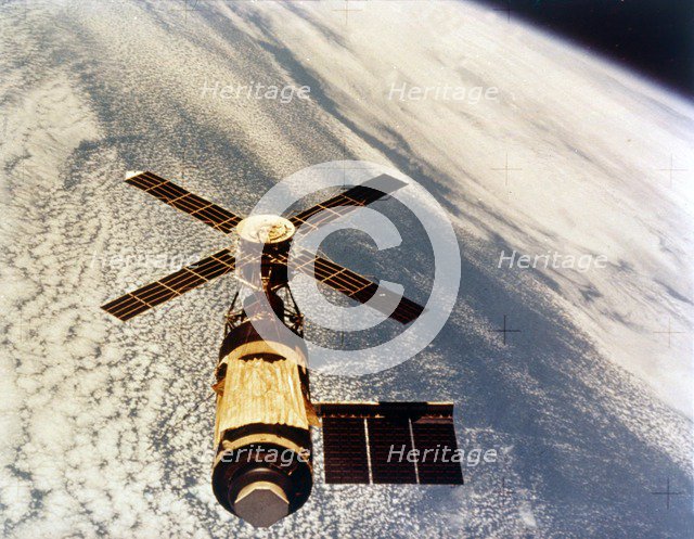 Skylab in orbit above Earth at the end of its mission, 1974. Creator: NASA.