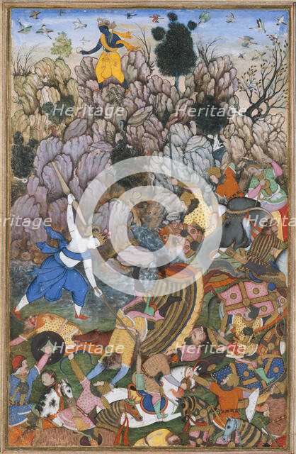 Balarama and Krishna Fighting the Enemy, Folio from a Harivamsa (The Legend of..., ca. 1590-95. Creator: Unknown.