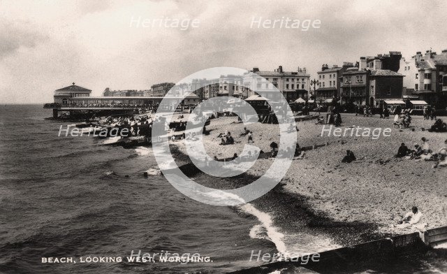 Beach, looking west, Worthing, Sussex, 1935. Artist: Unknown