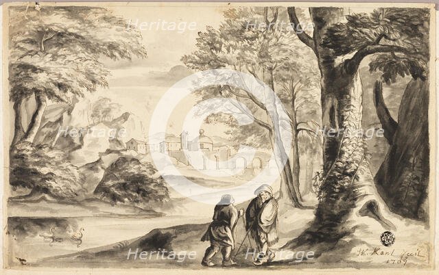 Two Travelers under Tree with Village and Bridge in Distance, 1707. Creator: Unknown.