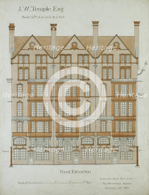 Design for Nos 9-11 Chelsea Embankment, London SW3: front elevation, 2 February 1880. Creator: Richard Norman Shaw.