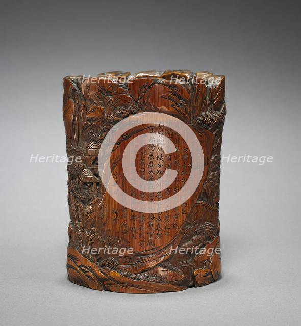 Brush Holder with Figures in Landscape and Poetic Inscription, 1700s. Creator: Unknown.