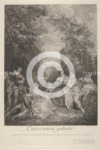 Gallant conversation' (Conversation galante): couples engage in conversation in a garden ..., 1743. Creator: Jacques Philippe Le Bas.