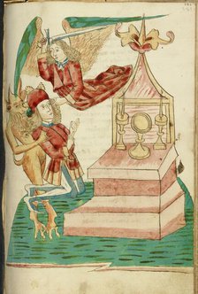 Josaphat in Prayer is Tempted by the Devil But Protected by an Angel; Barlaam und Josaphat, 1469. Creators: Hans Schilling, Diebolt Lauber.