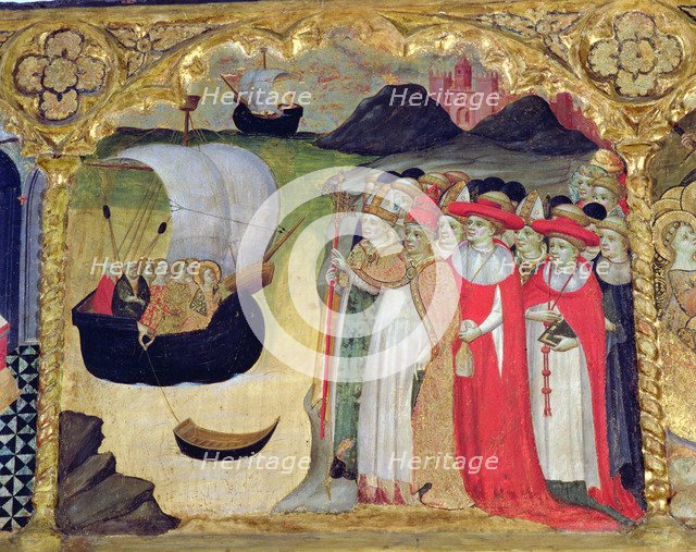 The Pope Ciriaco with his court receiving in Rome to the Saint and her maids, table in the 'Prede…