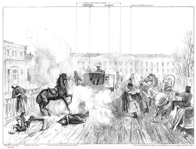 Assassination of Alexander II.: sketch showing exactly how the Emperor was attacked, 1881.  Creator: Unknown.