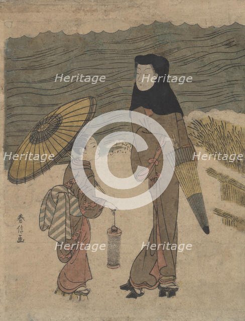 Lady with Black Hood and Umbrella Out Walking with Young Attendant. Creator: Suzuki Harunobu.