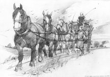 Heavy horses pulling a haycart or goods wagon driven by two Cistercian monks. Artist: Ivan Lapper.