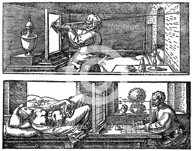 Perspective machine, 1525, (1936). Artist: Albrecht Dürer