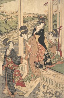 Group of Women on the Engawa of a Country House, in the time of the Cherry Blossoming,..., ca. 1806. Creator: Utamaro II.