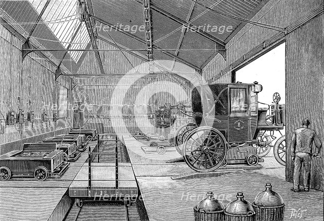 Depot where electrically driven Paris cabs were fitted with freshly charged batteries, 1899. Artist: Unknown