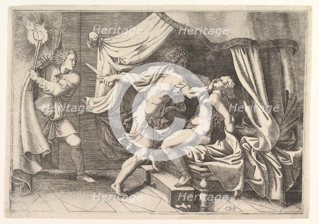 Tarquin attacking Lucretia, a servant at left witnessing the scene, ca. 1540. Creator: Giorgio Ghisi.