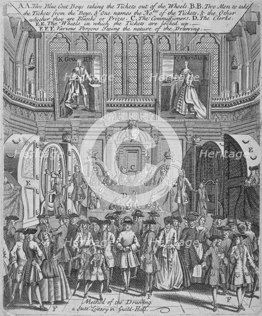 Drawing of the state lottery in the Guildhall, City of London, 1739. Artist: Anon