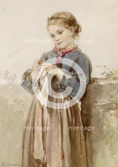 Girl Knitting, c1860. Creator: Philipp Rumpf.